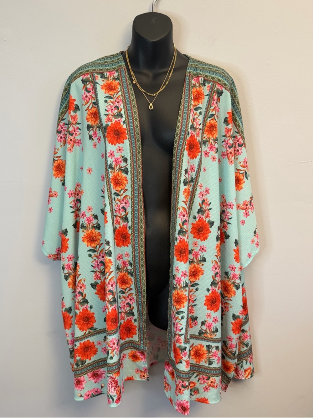 Umgee Mint and Bright Orange Floral Kimono